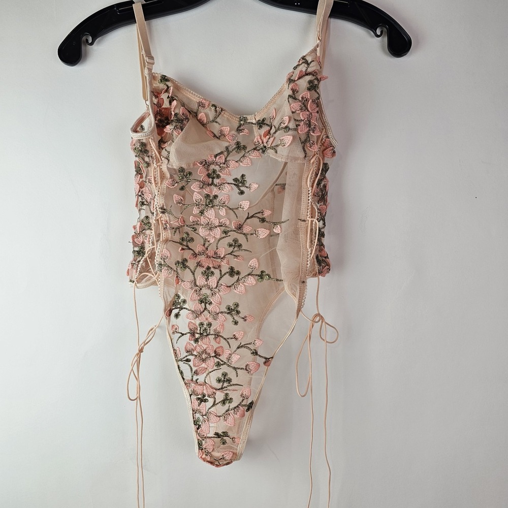 Lilosy Pink Sexy Lace Up Floral Embroidered Teddy Lingerie Sheer‎ One Piece M